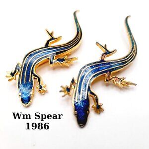 Vintage Blue Enamel Lizards Brooches - Pair - Signed Wm Spear 1986 - 2 3/8 Inch